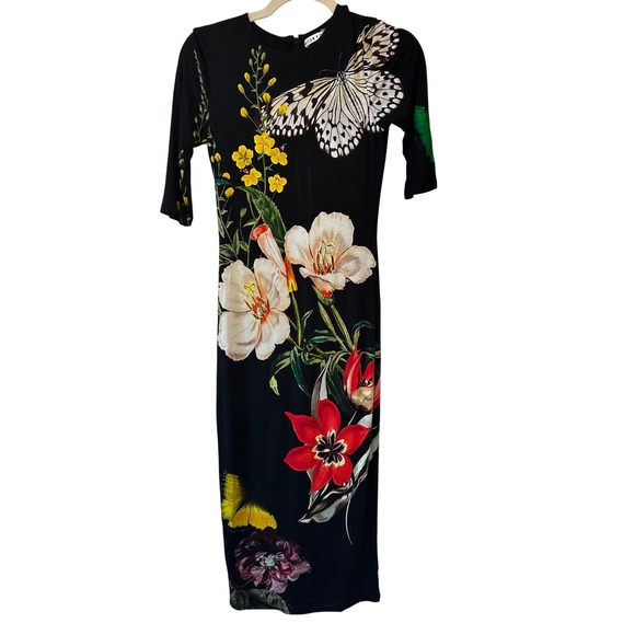 Alice + Olivia Delora Black Floral Butterfly Print Midi Dress Size 2 - Picture 1 of 8